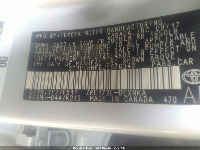 2018 TOYOTA COROLLA L/LE/XLE/SE/XSE - 2T1BURHE6JC976342