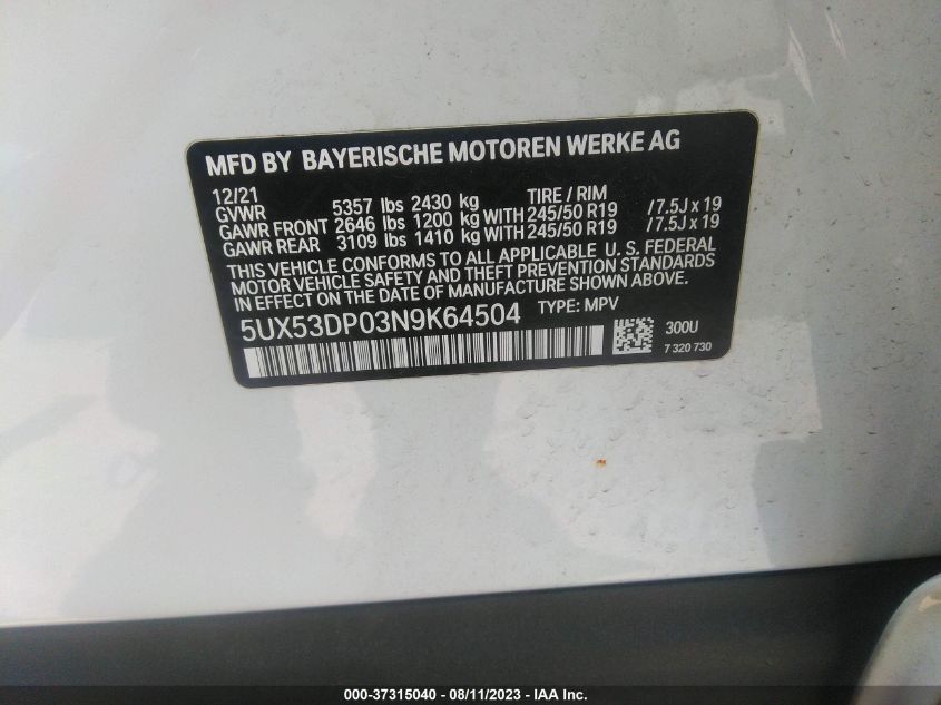 2022 BMW X3 XDRIVE30I - 5UX53DP03N9K64504