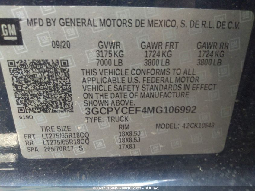 2021 CHEVROLET SILVERADO 1500 CUSTOM TRAIL BOSS - 3GCPYCEF4MG106992