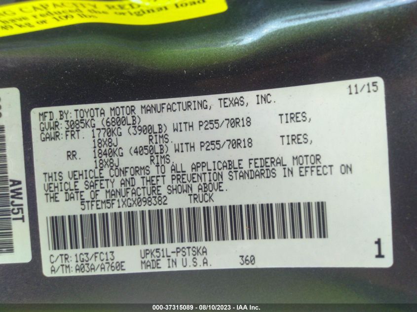 2016 TOYOTA TUNDRA 2WD TRUCK SR5 - 5TFEM5F1XGX098382