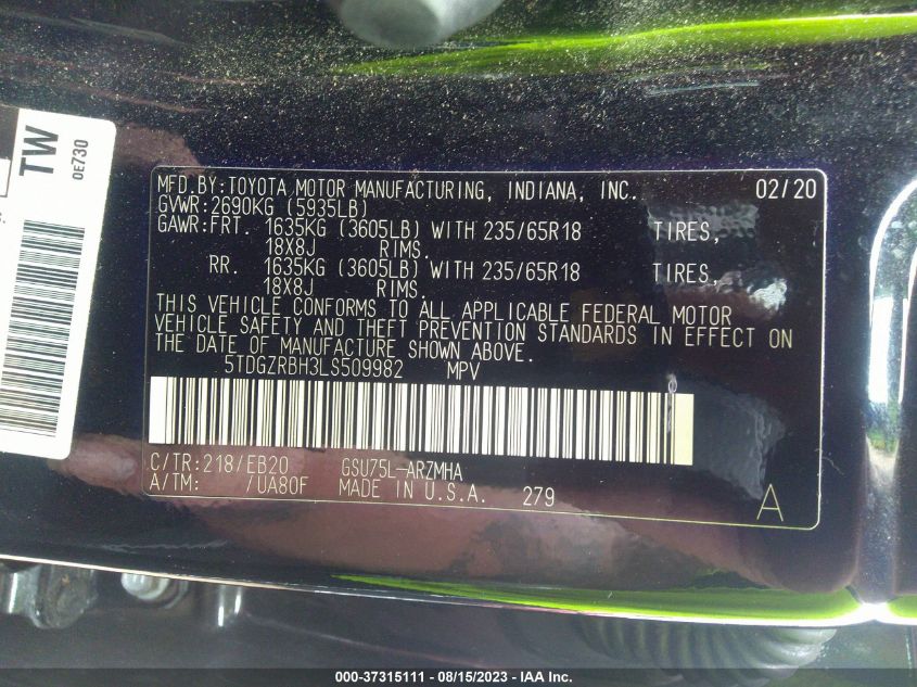2020 TOYOTA HIGHLANDER XLE - 5TDGZRBH3LS509982