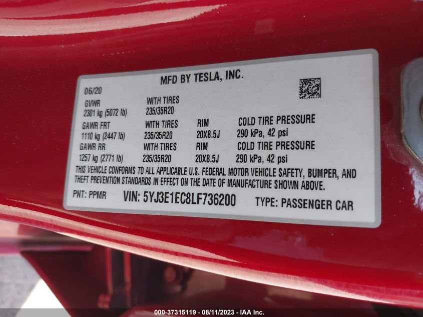 2020 TESLA MODEL 3 - 5YJ3E1EC8LF736200