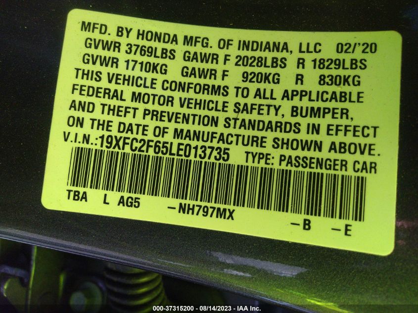 2020 HONDA CIVIC - 19XFV2F65LE013735