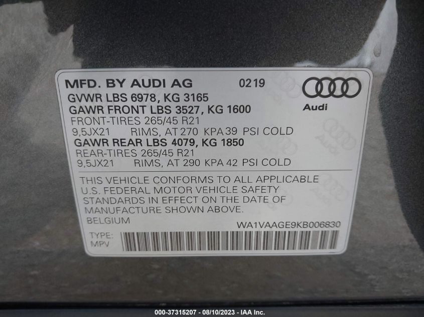2019 AUDI E-TRON PRESTIGE - WA1VAAGE9KB006830