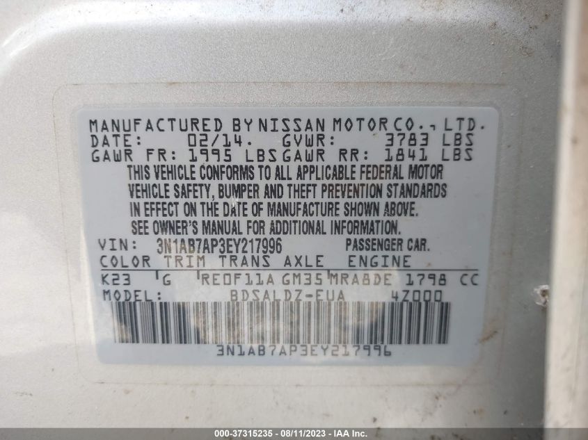 2014 NISSAN SENTRA S/SV/SR/SL - 3N1AB7AP3EY217996