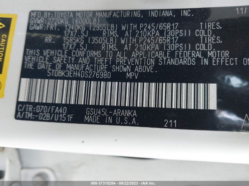 2013 TOYOTA HIGHLANDER - 5TDBK3EH4DS276980