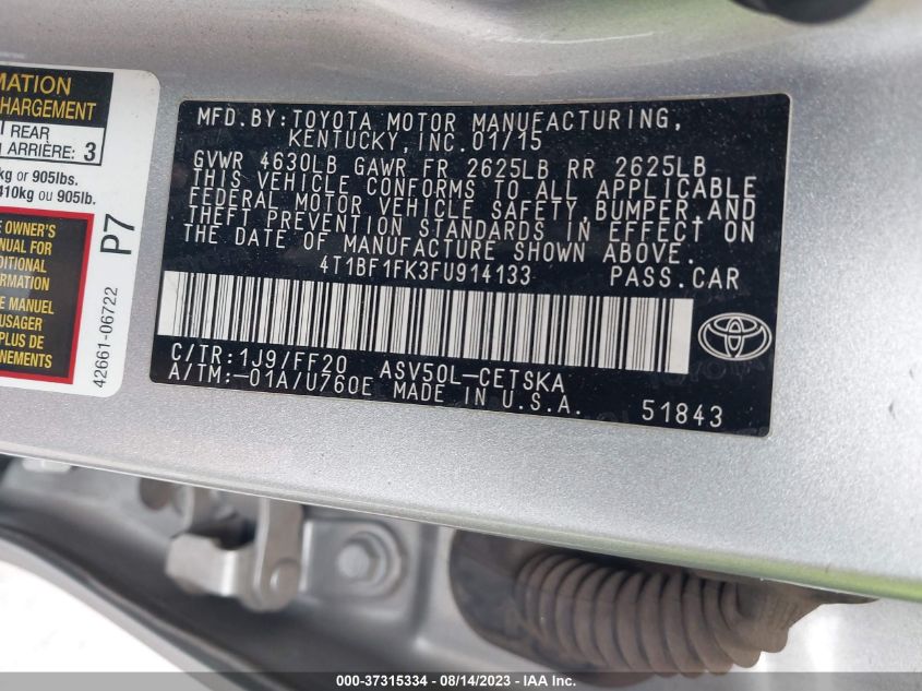 2015 TOYOTA CAMRY XLE/SE/LE/XSE - 4T1BF1FK3FU914133