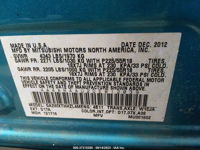 2013 MITSUBISHI OUTLANDER SPORT SE - 4A4AR4AU2DE012039