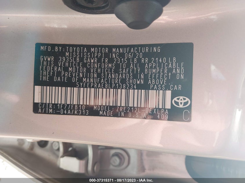 VIN 5YFEPRAE8LP138234 2020 TOYOTA COROLLA LE