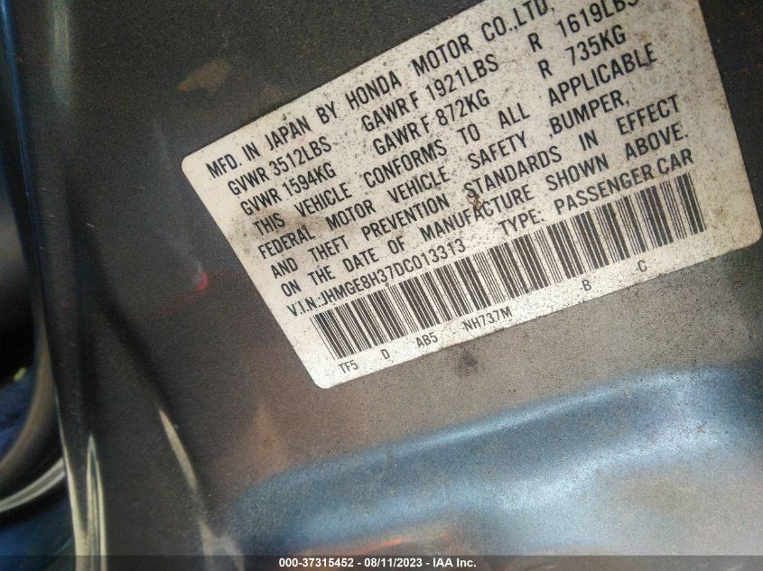 2013 HONDA FIT - JHMGE8H37DC013313