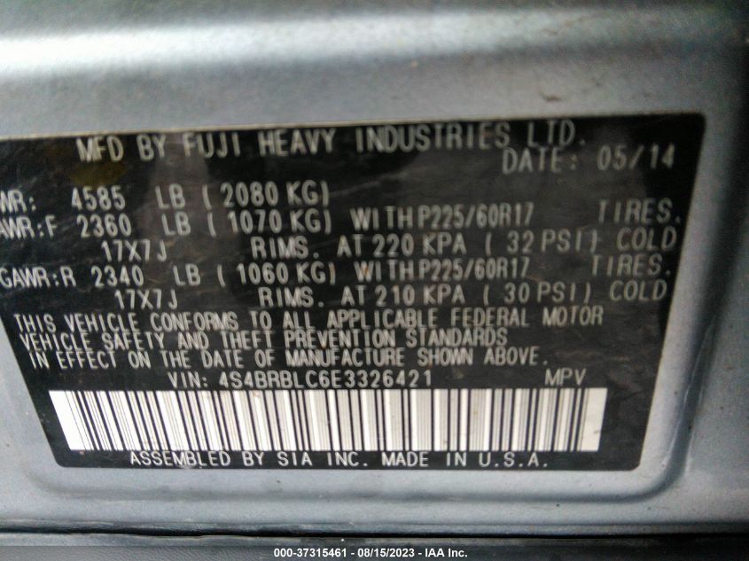 2014 SUBARU OUTBACK 2.5I LIMITED - 4S4BRBLC6E3326421