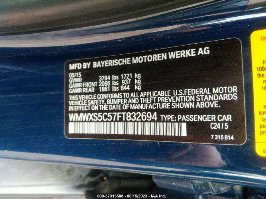 2015 MINI COOPER HARDTOP 4 DOOR WMWXS5C57FT832694