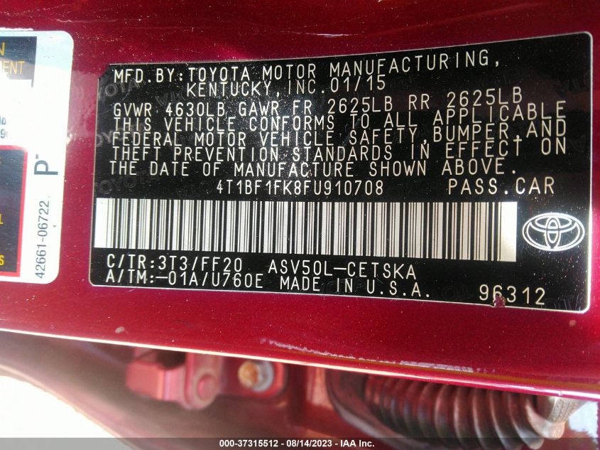 2015 TOYOTA CAMRY XLE/SE/LE/XSE - 4T1BF1FK8FU910708