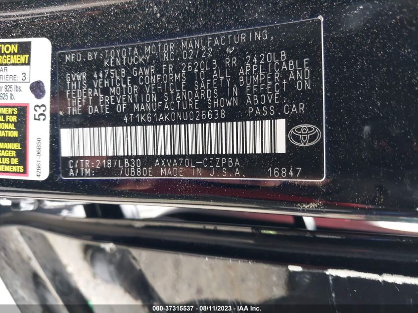 2022 TOYOTA CAMRY XSE - 4T1K61AK0NU026638