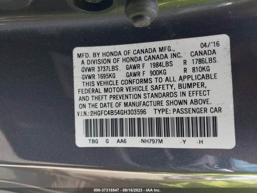 2016 HONDA CIVIC COUPE LX - 2HGFC4B54GH303596