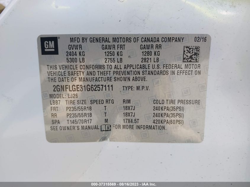 2016 CHEVROLET EQUINOX LTZ - 2GNFLGE31G6257111