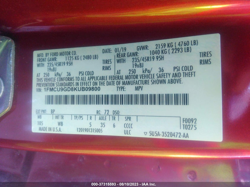 VIN 1FMCU9GD8KUB09800 2019 FORD ESCAPE SE