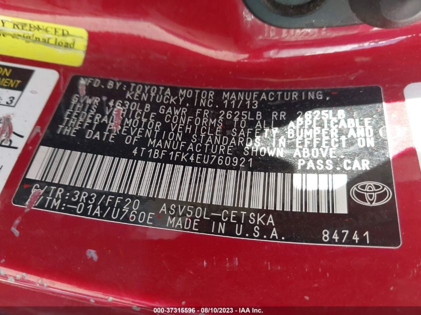 2014 TOYOTA CAMRY L/LE/XLE/SE/SE SPORT - 4T1BF1FK4EU760921