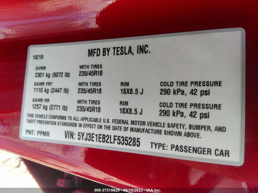 2020 TESLA MODEL 3 LONG RANGE - 5YJ3E1EB2LF535285