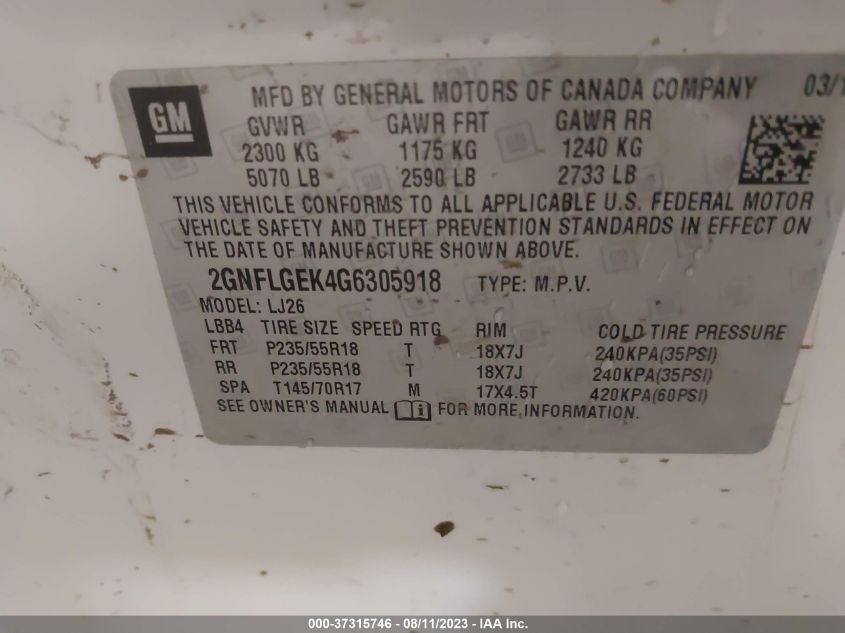 2016 CHEVROLET EQUINOX LTZ - 2GNFLGEK4G6305918