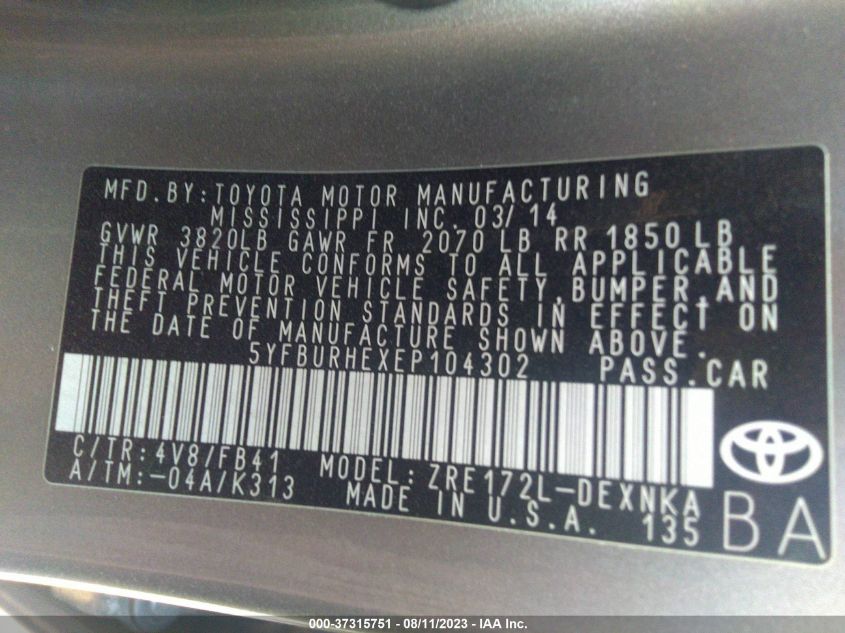 2014 TOYOTA COROLLA L/LE/LE PLS/PRM/S/S PLS - 5YFBURHEXEP104302