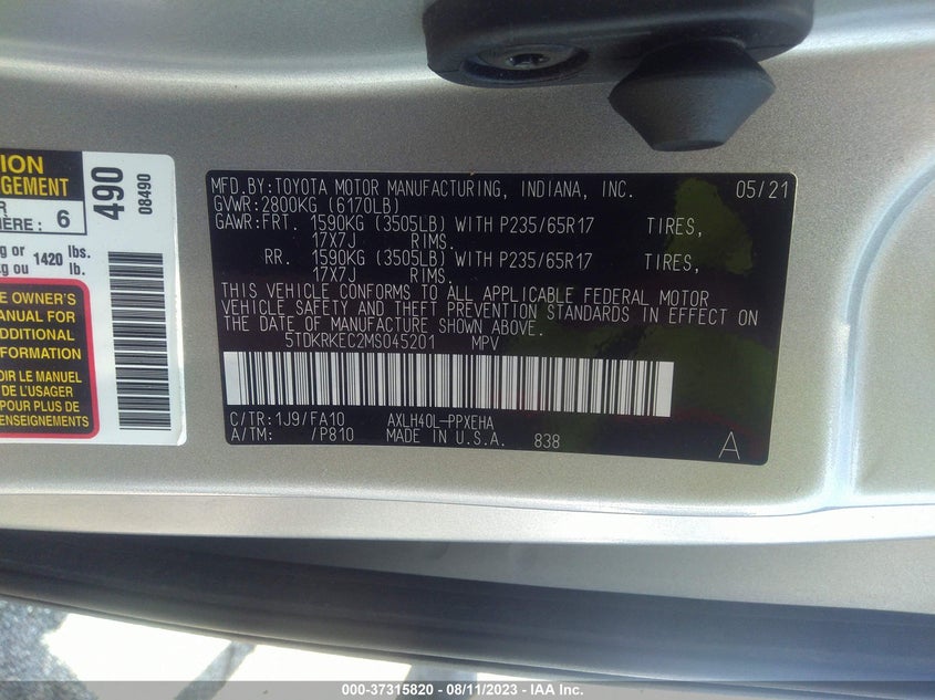 VIN 5TDKRKEC2MS045201 2021 TOYOTA SIENNA LE
