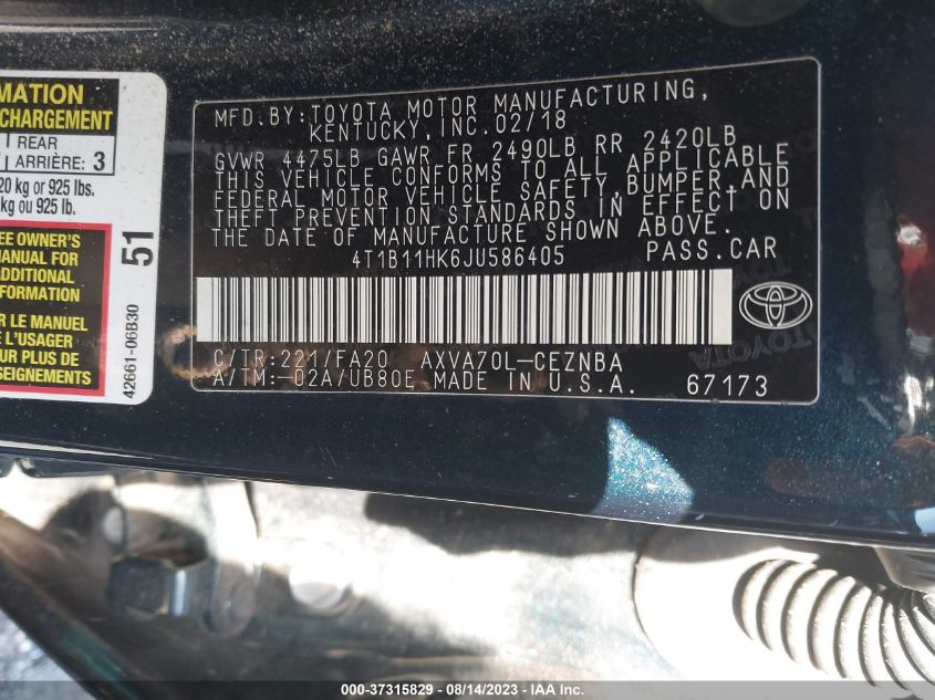 2018 TOYOTA CAMRY LE/SE/XLE/L - 4T1B11HK6JU586405