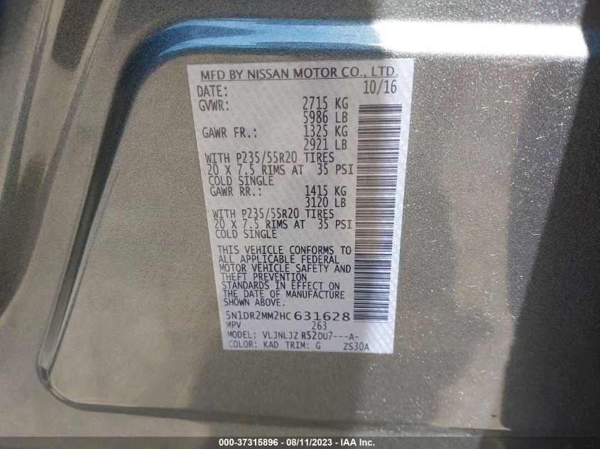 2017 NISSAN PATHFINDER PLATINUM - 5N1DR2MM2HC631628