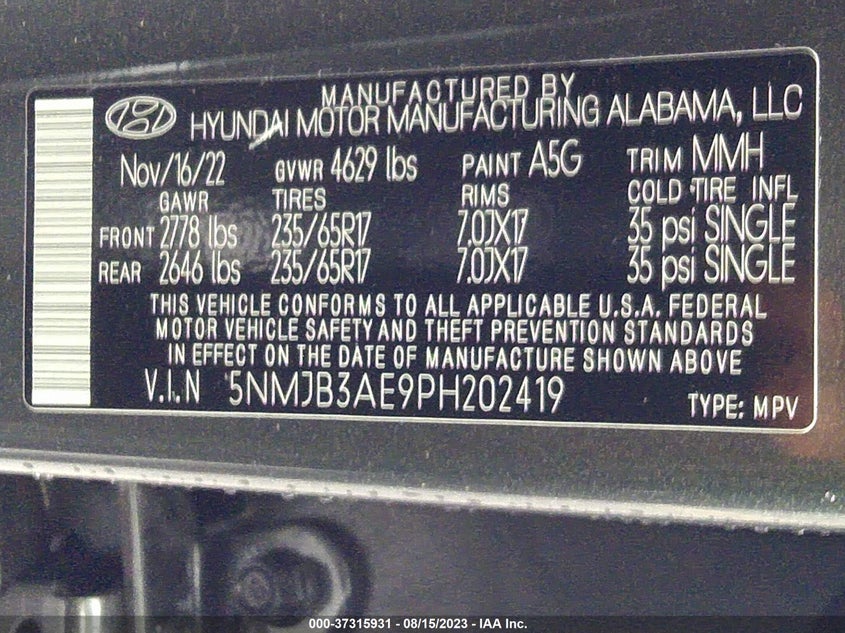 VIN 5NMJB3AE9PH202419 2023 HYUNDAI TUCSON SEL