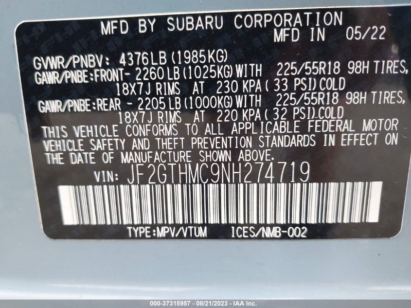 2022 SUBARU CROSSTREK LIMITED - JF2GTHMC9NH274719