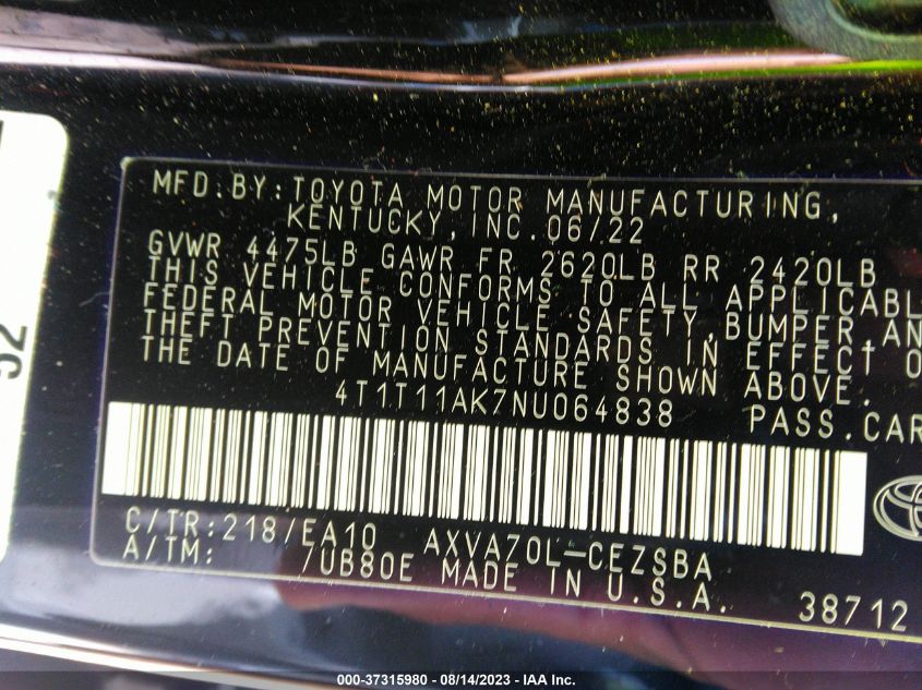 2022 TOYOTA CAMRY SE/NIGHT SHADE - 4T1T11AK7NU064838