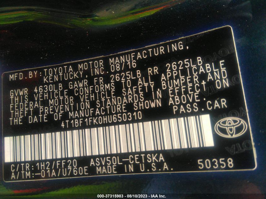 2017 TOYOTA CAMRY XLE/SE/LE/XSE - 4T1BF1FK0HU650310