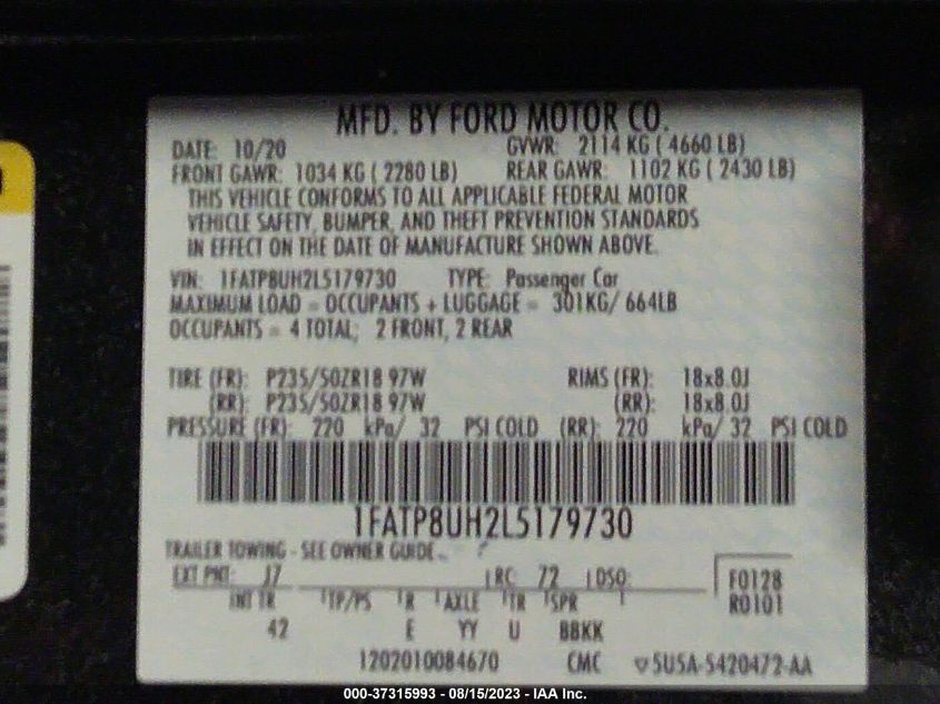 2020 FORD MUSTANG ECOBOOST - 1FATP8UH2L5179730