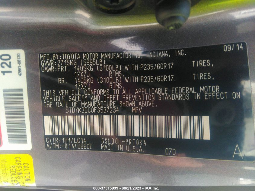 2015 TOYOTA SIENNA XLE/LIMITED - 5TDYK3DC0FS537234
