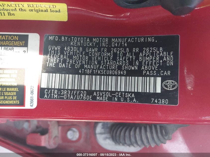 2014 TOYOTA CAMRY L/LE/XLE/SE/SE SPORT - 4T1BF1FK5EU806949