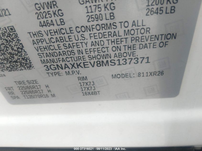 2021 CHEVROLET EQUINOX LT - 3GNAXKEV8MS137371