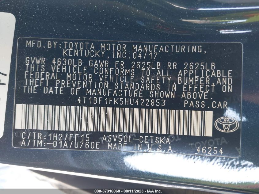 2017 TOYOTA CAMRY XLE/SE/LE/XSE - 4T1BF1FK5HU422853