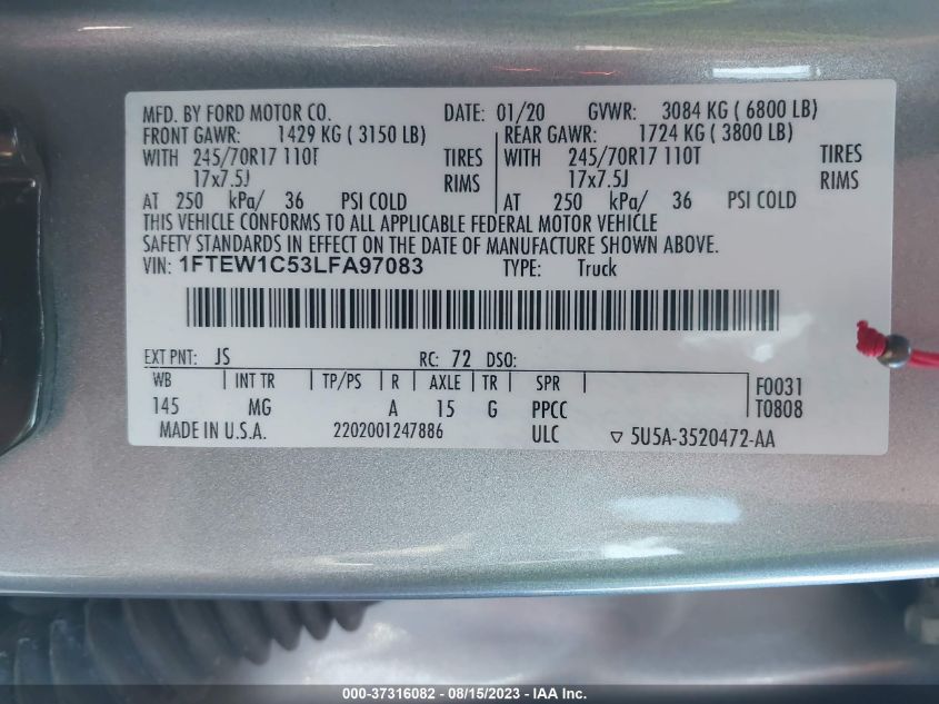 2020 FORD F-150 XL/XLT/LARIAT - 1FTEW1C53LFA97083