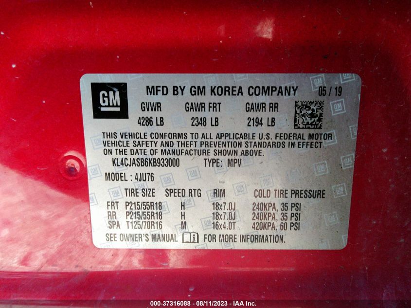 2019 BUICK ENCORE PREFERRED - KL4CJASB6KB933000