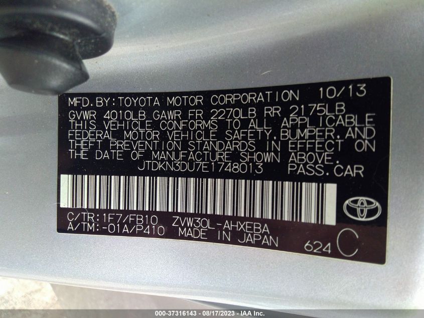 2014 TOYOTA PRIUS FOUR/FIVE/THREE/ONE/TWO - JTDKN3DU7E1748013