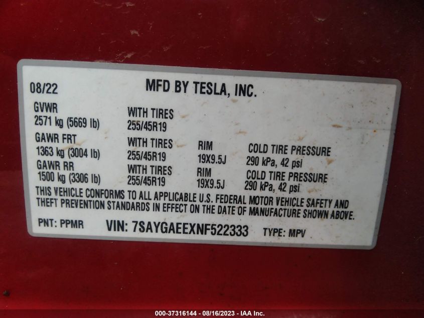 2022 TESLA MODEL Y LONG RANGE - 7SAYGAEEXNF522333