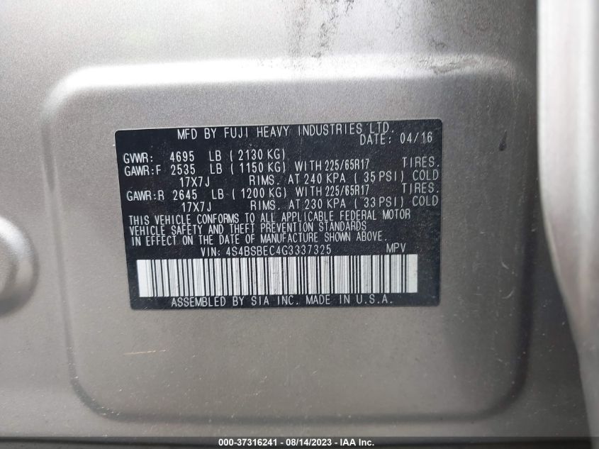 2016 SUBARU OUTBACK 2.5I PREMIUM - 4S4BSBEC4G3337325