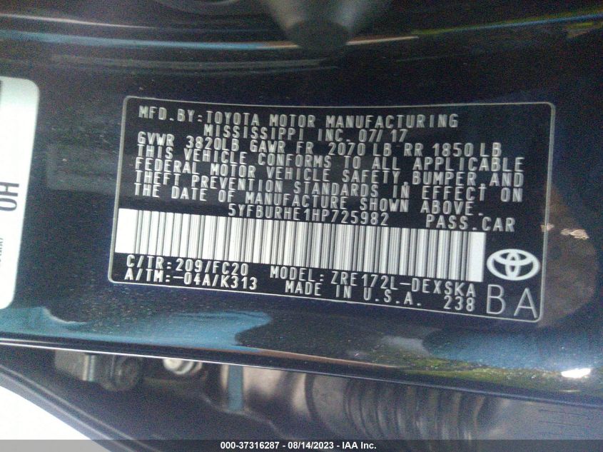 2017 TOYOTA COROLLA L/LE/XLE/SE - 5YFBURHE1HP725982