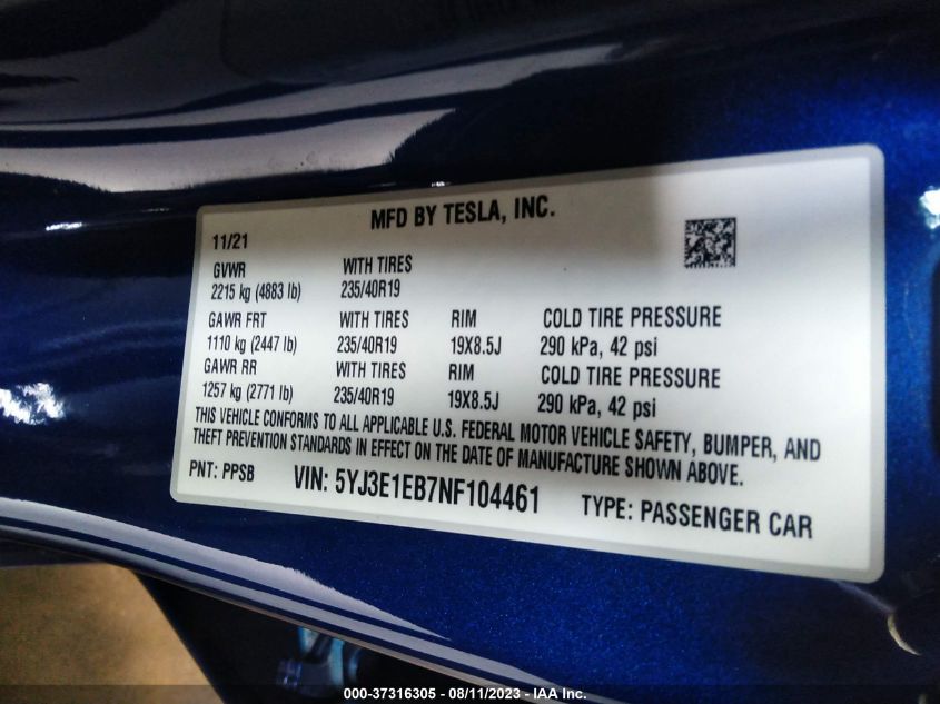 Фото: 5YJ3E1EB7NF104461 - 9