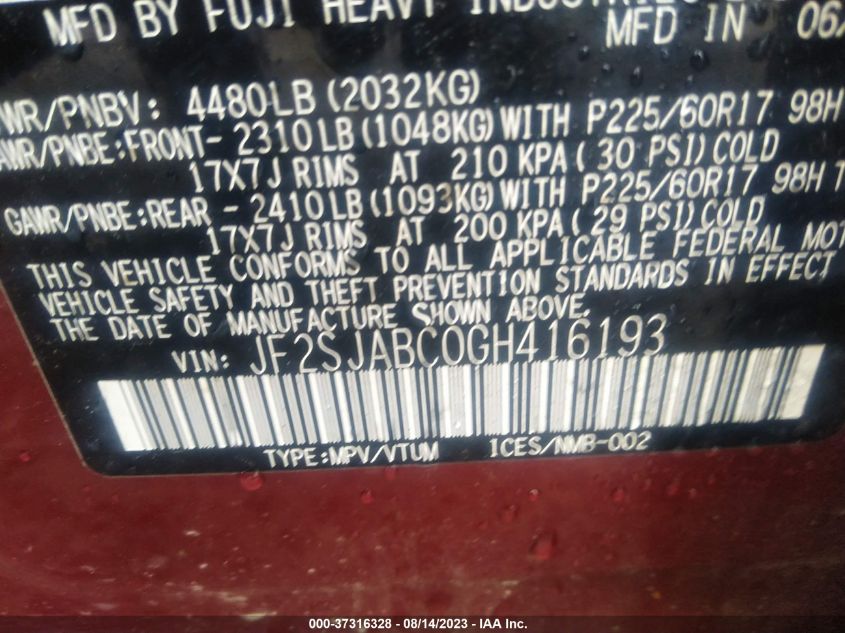 2016 SUBARU FORESTER 2.5I - JF2SJABC0GH416193