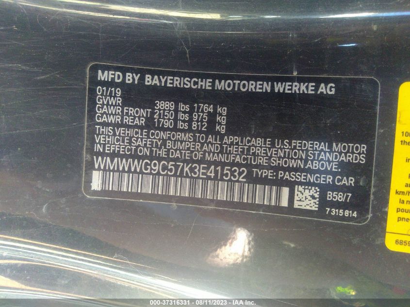 2019 MINI CONVERTIBLE COOPER S WMWWG9C57K3E41532