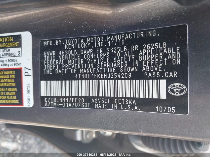 2017 TOYOTA CAMRY XLE/SE/LE/XSE - 4T1BF1FK8HU354208