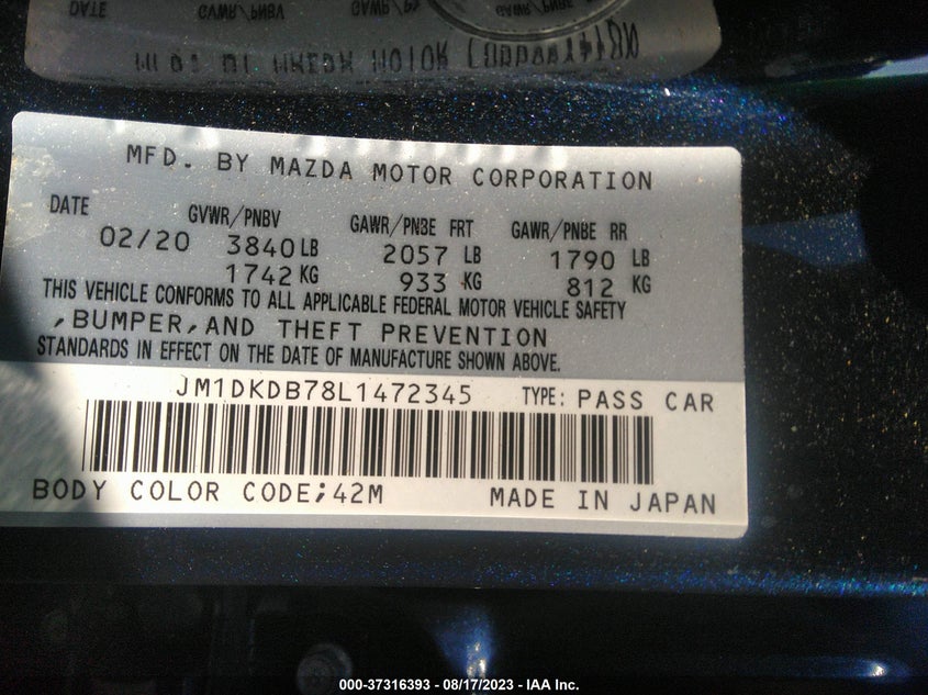 VIN JM1DKDB78L1472345 2020 MAZDA CX-3 SPORT
