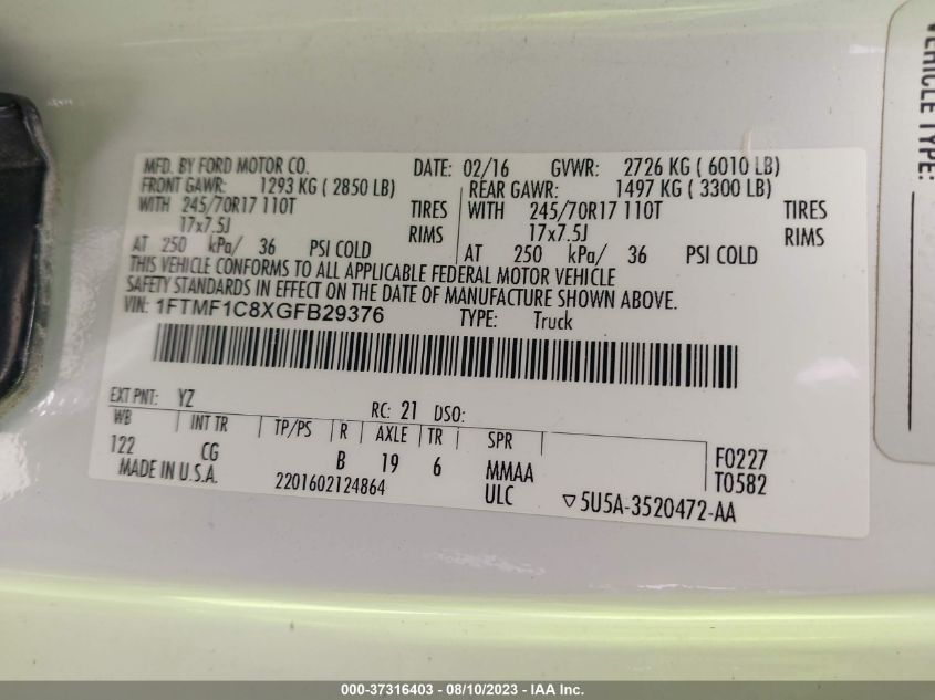 2016 FORD F-150 XL/XLT - 1FTMF1C8XGFB29376