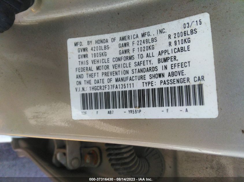2015 HONDA ACCORD SEDAN LX - 1HGCR2F37FA135111